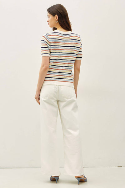 MULTI COLOR STRIPE SHORT SLEEVE TEXTURED SWEATER  : DENIM / S - Lulu Bella Boutique