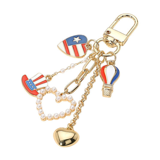 Enamel American USA Flag Hat Balloon Pearl Heart Charm Tip Dangle Keychain / Bag Charm - Lulu Bella Boutique