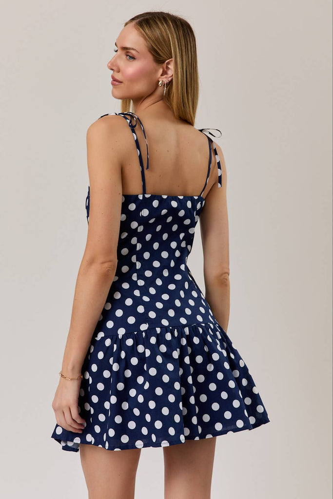 navy blue polka dot mini dress Navy Polka Dot Satin Mini Dress