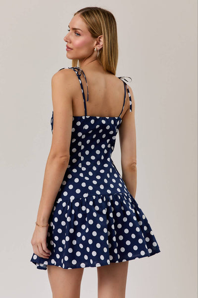 DROP WAIST BUTTON DETAIL POLKA DOT MINI DRESS: NAVY-WHITE DOT / S - Lulu Bella Boutique