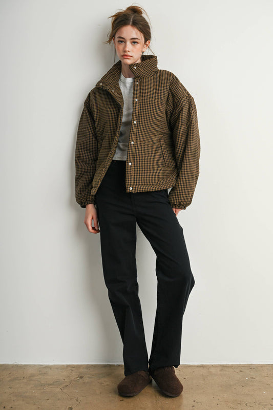The Pippa Gingham Puffer Jacket: KHAKI MULTI
