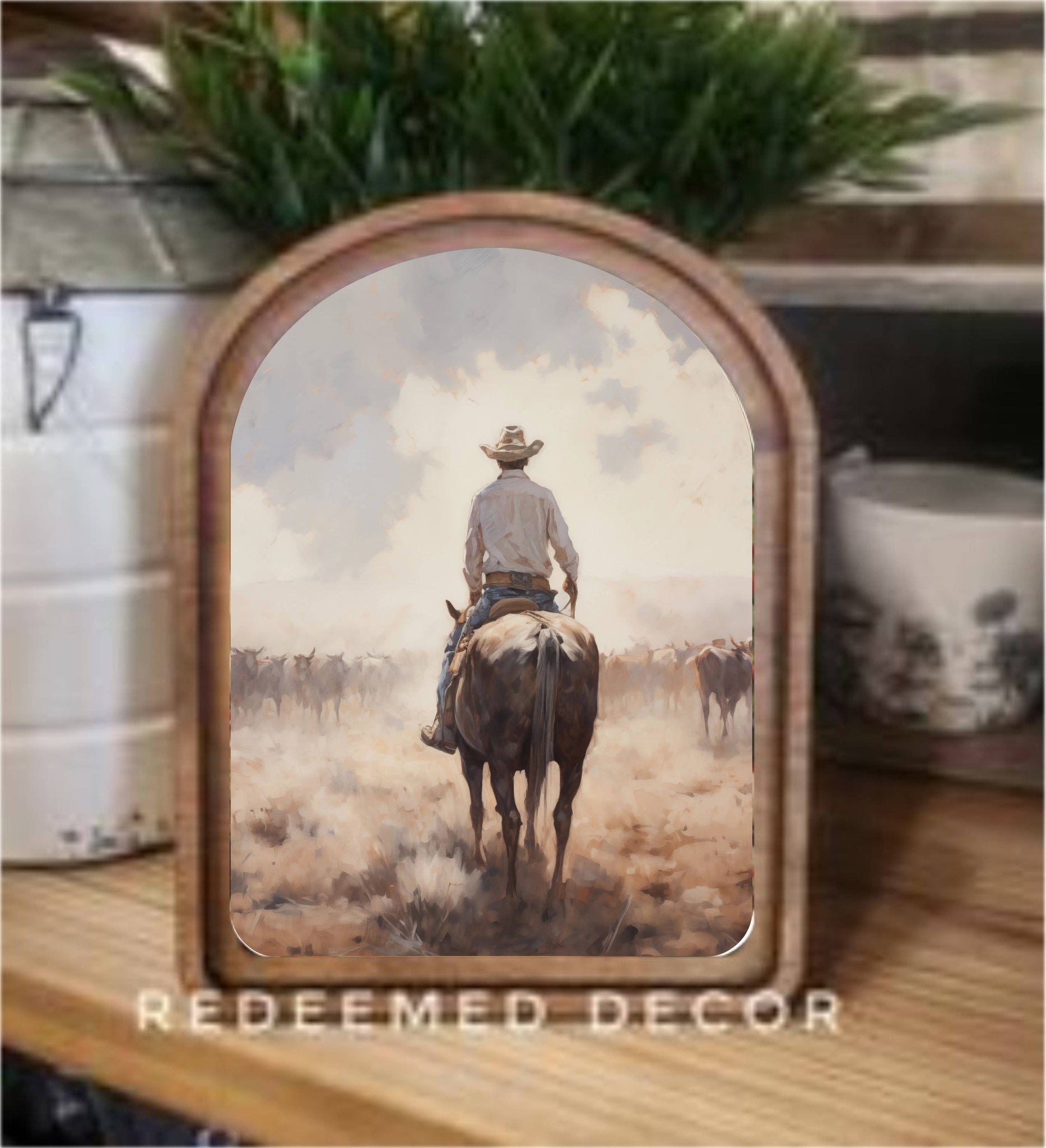 Arch Top Cattle Drive Framed Art  : 6x8"