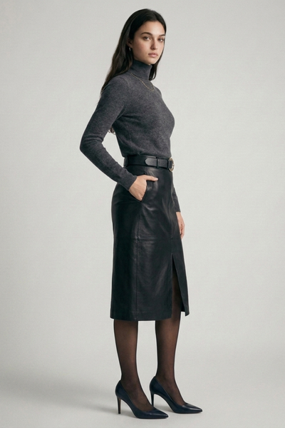 Midi Leather Skirt w/ Leather Belt: BLACK