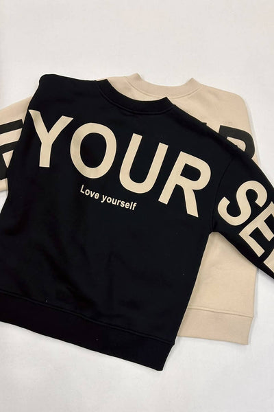 Be Yourself Love Yourself Printed Oversized Sweatshirt: BLACK / S - Lulu Bella Boutique