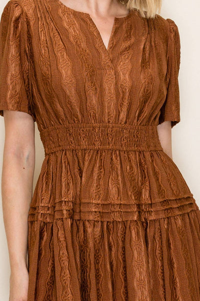 Smocked Waist Tiered Midi Dress: Brown