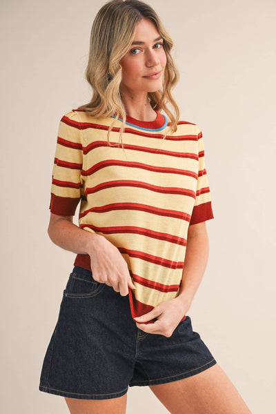 STRIPED SHORT SLEEVE SWEATER MSW11335: LEMON SIENNA / S - Lulu Bella Boutique
