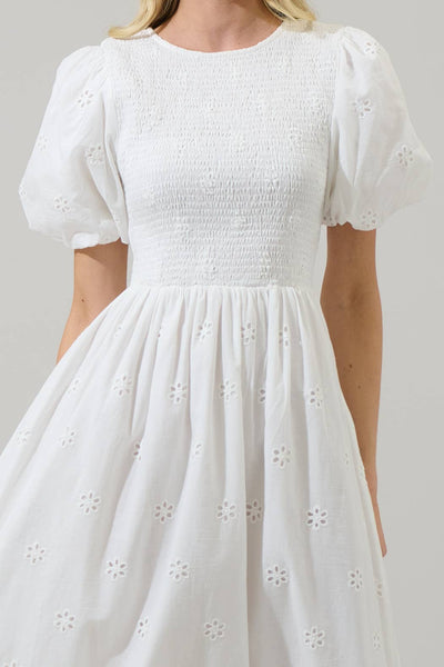 Deana Eyelet Smocked Midi Dress: White / XS - Lulu Bella Boutique