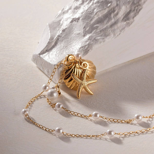 OCEAN SERIES PEARL STARFISH SHELL NECKLACE_CWAJE1366: GOLD / (OS) 2 - Lulu Bella Boutique