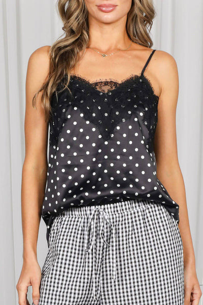 Adjustable Strap Lace Trim Dot Satin Camisole Top VT31841A: Black / S - Lulu Bella Boutique