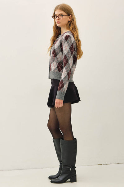ARGYLE PATTERN SWEATER CARDIGAN : GREY