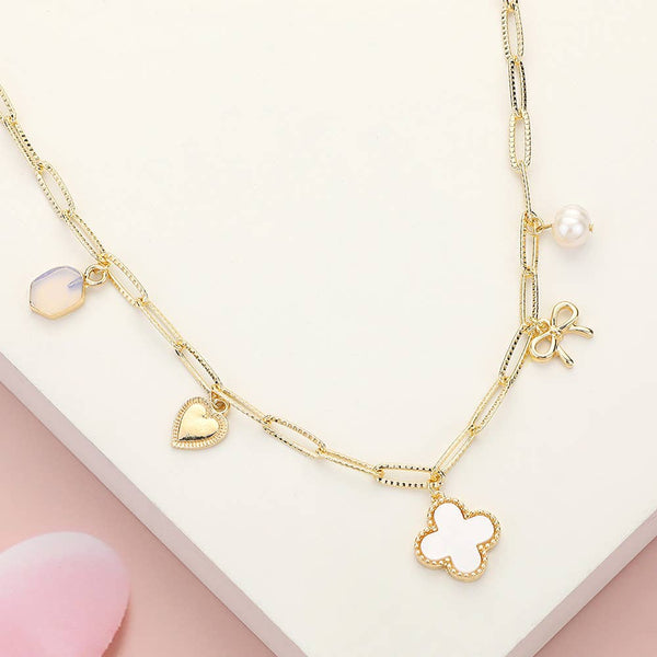 Quatrefoil Bow Heart Pearl Charm Paperclip Chain Necklace: GOLD PINK