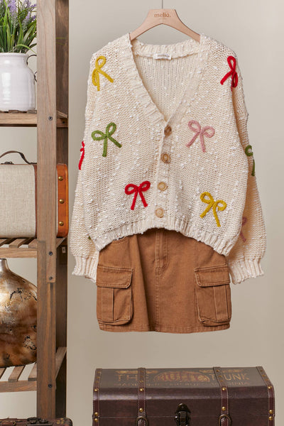 Ribbon Patched Button Down Cardigan: Ivory / L