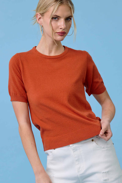 Soft Short Puffy Sleeve Basic Stretchy Knit Top: Pumpkin
