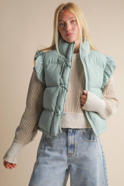 Front Bow Ruffle Sleeve Puffer Vest: SAGE