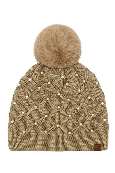 C.C Allover Pearl Crochet Pom Beanie: Rose