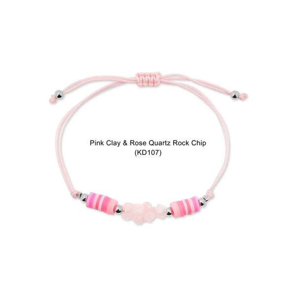 Kids Corded & Colorful Bracelets | Tie + Stretch: Pink Clay & Rose Quartz Rock Chip (KD107) - Lulu Bella Boutique