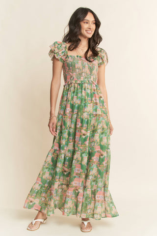 VILLAGE SMOCKING BODICE RUFFLE SLEEVE MAXI DRESS: Pink green / S - Lulu Bella Boutique