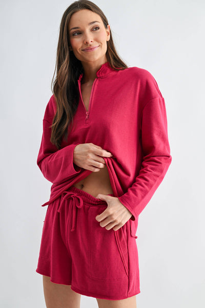 Offset Raw Edge Half-Zip Set: PLUM PINK / S:M:L (2:2:2) - Lulu Bella Boutique