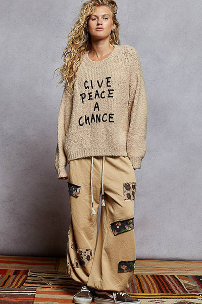 Long sleeve round neck solid words knit sweater top: OATMEAL / S - Lulu Bella Boutique