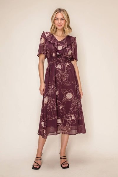 Ruffled V-Neck Midi Dress: Burgundy