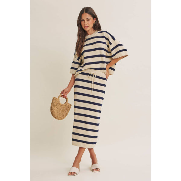 WEEKEND IN CANNES SOFT DRAPE COTTON STRIPE SET: NATURAL/NAVY