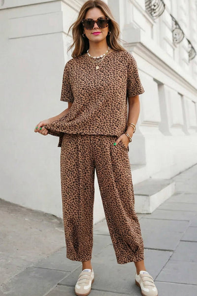 Leopard Top Drawstring Waist Barrel Pants Set |