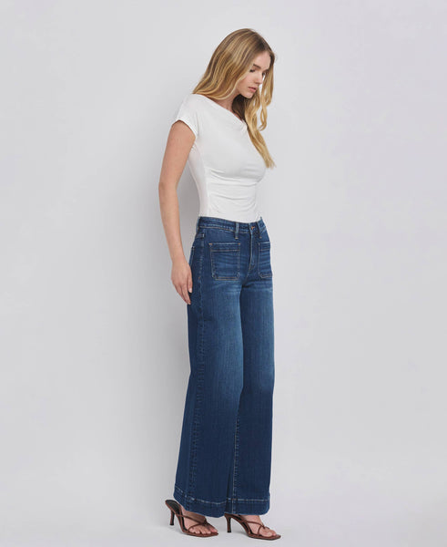 HIGH RISE PATCH POCKET TROUSER  HEM WIDE JEANS F5764D: DARK DENIM / 24 - Lulu Bella Boutique