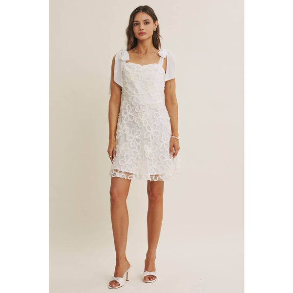 PARIS EVENING LACE FLORAL EMBROIDERY MINI WITH SHOULDER TIE: CREAM / S - Lulu Bella Boutique