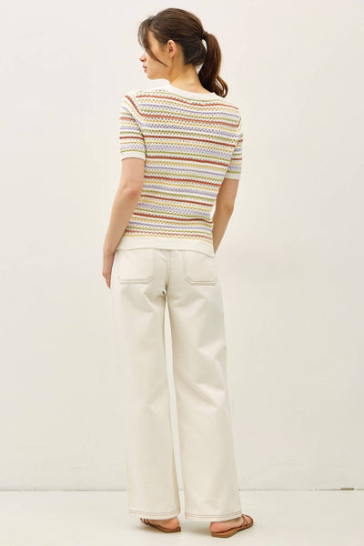 MULTI COLOR STRIPE SHORT SLEEVE TEXTURED SWEATER  : SWEET PEA / S - Lulu Bella Boutique
