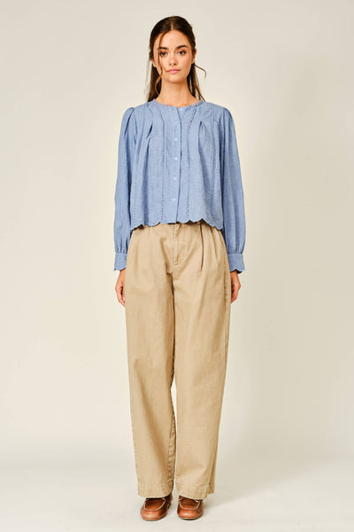 SCALLOP LACE DETAIL A LINE BLOUSE: DENIM BLUE