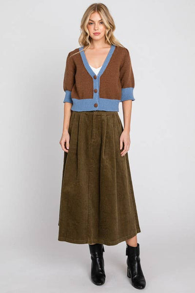 SOLID CORDUROY MIDI SKIRT W/ PLEATED DETAILS: OLIVE