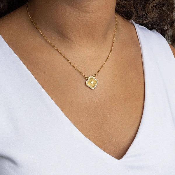 18K Gold Stainless Steel Floral Motif Necklace with Stone: Gold - Lulu Bella Boutique