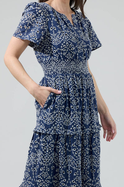 Viridiana Floral Eyelet Palmer Poplin Tiered Maxi Dress: DenimBlue / XL - Lulu Bella Boutique