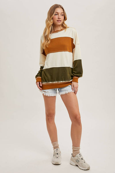 COLOR BLOCK KNIT SWEATSHIRT PULLOVER: CAMEL/OLIVE / L