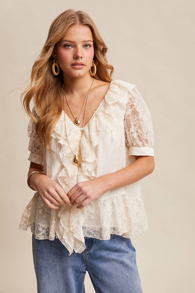 Lace Trim Ruffle Peplum Blouse LT1448: Cream / Contemporary / S - Lulu Bella Boutique