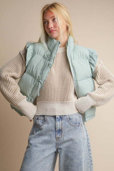 Front Bow Ruffle Sleeve Puffer Vest: SAGE