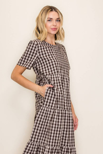 Plaid Flowy Tiered Midi Dress: Brown/Taupe / S - Lulu Bella Boutique