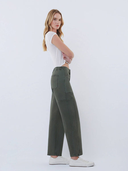 SUPER HIGH RISE ELASTIC WAISTBAND BARREL JEANS: DEEP FOREST - Lulu Bella Boutique