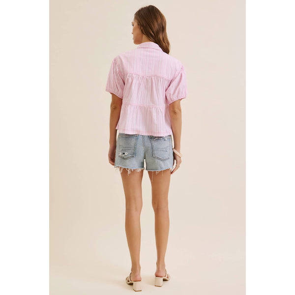 TEXTURED STRIPE OVERSIZED SHIRT WITH CONTRAST STITCHING: PINK / S - Lulu Bella Boutique