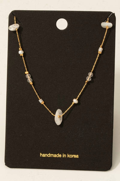 Pearl And Chip Stone Station Beads Chain Necklace: MI - Lulu Bella Boutique