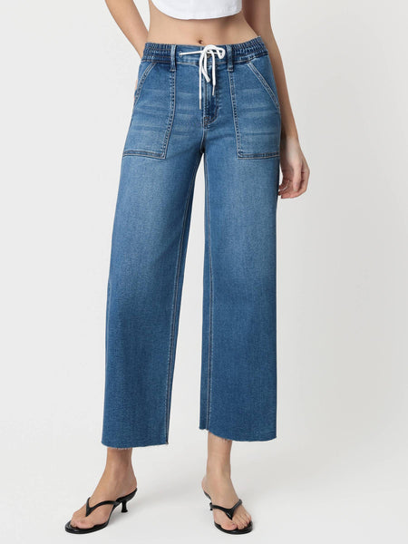 HIGH RISE SUPER SOFT FABRIC DRAWSTRING BAGGY WIDE JEANS