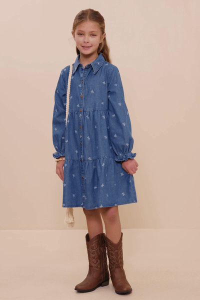 Girls Bow Printed Buttoned Denim Dress - Lulu Bella Boutique