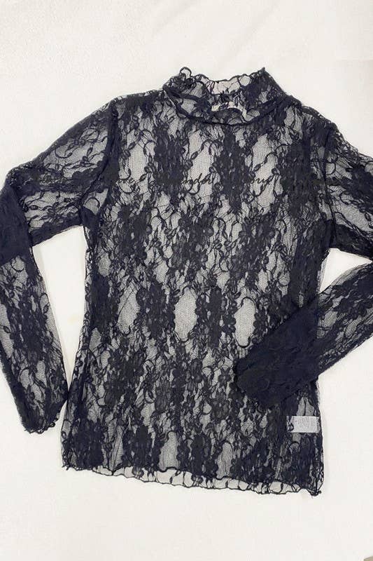 Floral Print Lace Long Sleeve Top KRT1739: BLACK / S - Lulu Bella Boutique