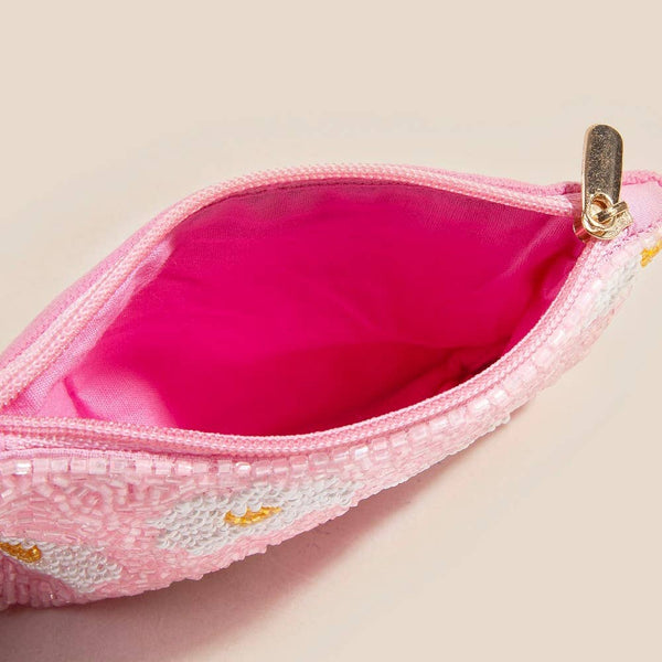 Daisy Flowers Pink Seed Beaded Coin Purse: MULTI