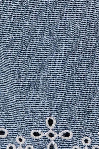 ROUND NECK SLEEVES EYELET EMBROIDERED DENIM TOP: DENIM / S - Lulu Bella Boutique