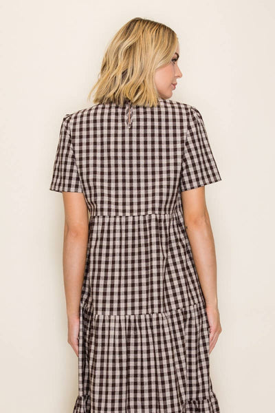 Plaid Flowy Tiered Midi Dress: Brown/Taupe / S - Lulu Bella Boutique
