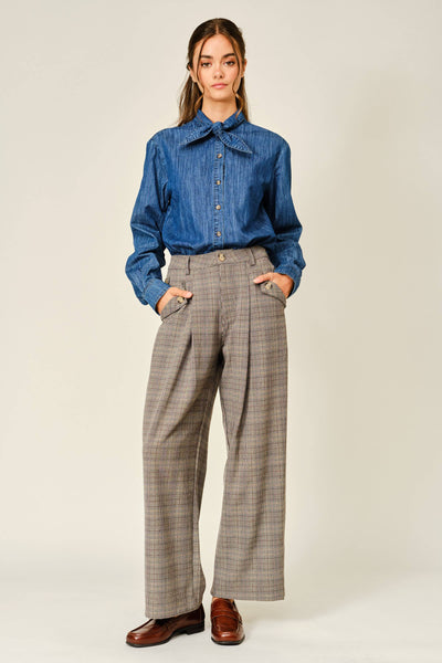 CLASSIC PLAID PLEATED PANTS: BROWN MULTI