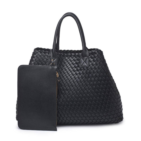 Ithaca Woven Vegan Leather Tote: Black - Lulu Bella Boutique