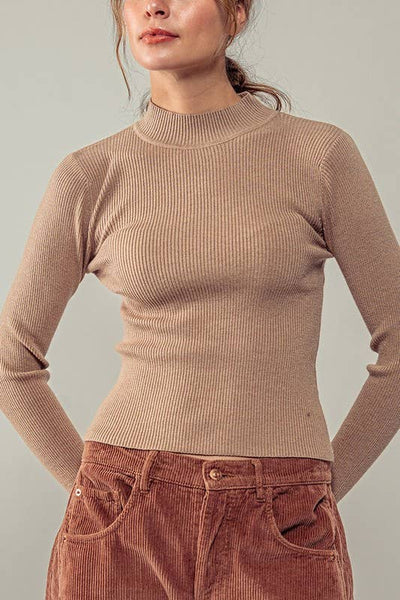 SLIM FIT MOCK NECK RIB KNIT SWEATER : KHAKI