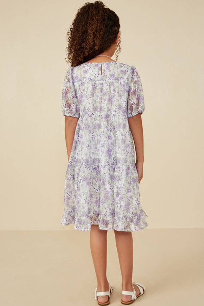 Girls Floral Printed Mesh Puff Sleeve Tiered Dress: Lavender